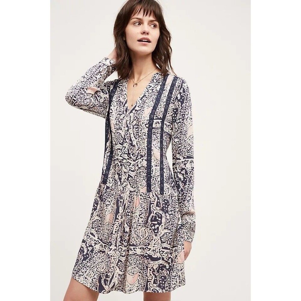 Tiny Anthropologie XS Boho Festival Tunic Dress Navy Paisley